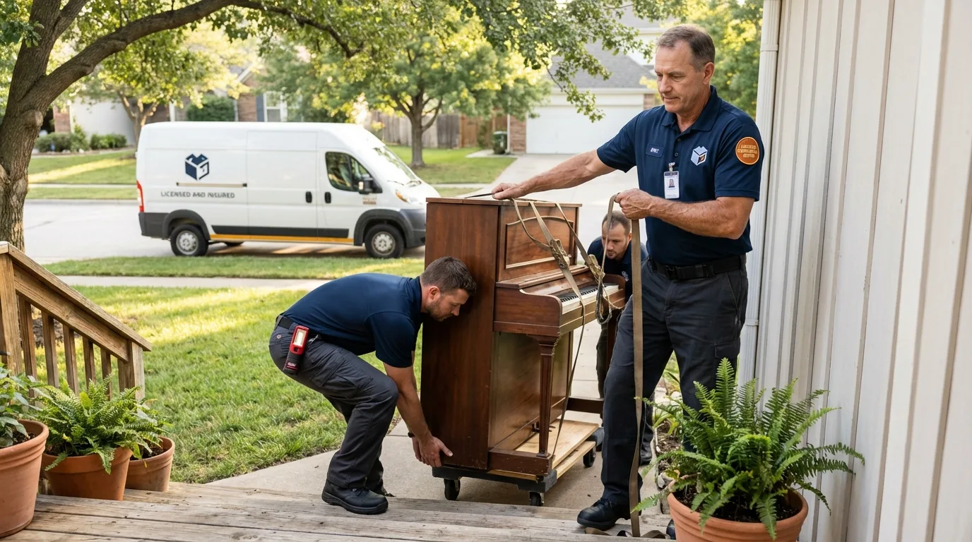 Licensed piano movers securing grand piano in Boonville, MO